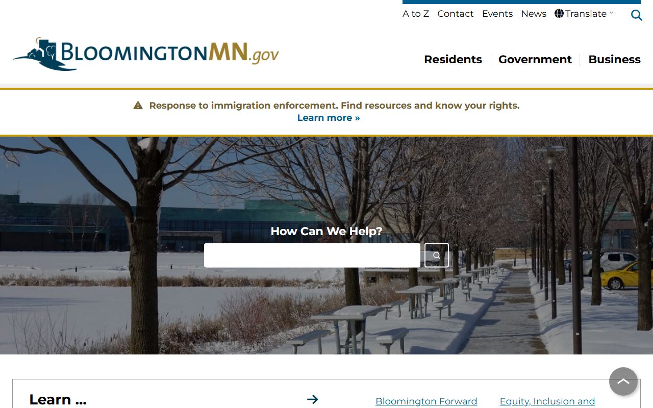 City of Bloomington Minnesota homepage with links to government services and departments