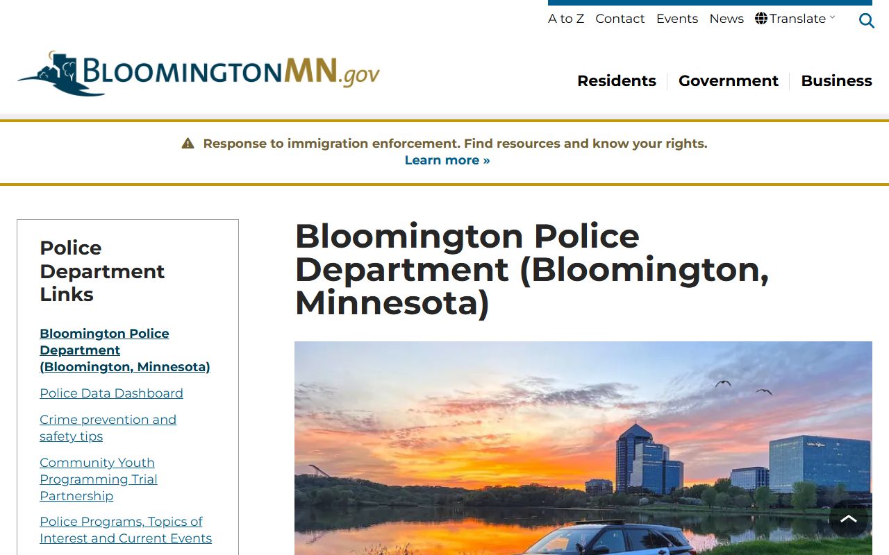 Bloomington Police Department homepage with contact information and public safety resources