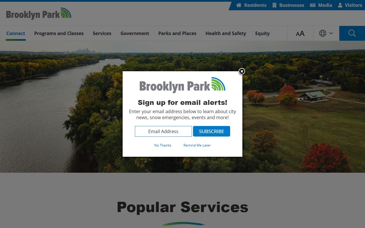 City of Brooklyn Park Minnesota homepage with links to government services and the police department