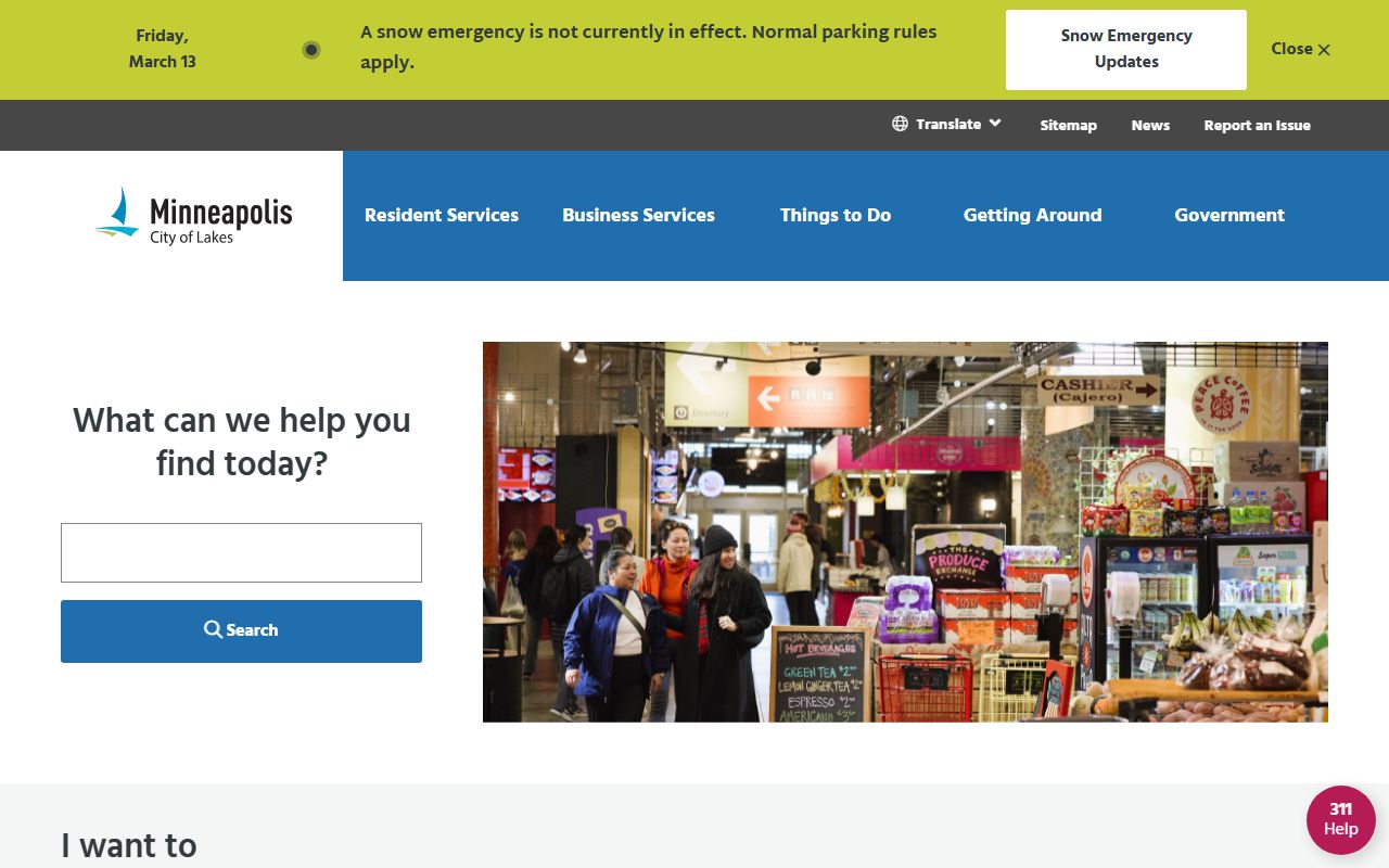 Minneapolis city homepage with links to government departments and public records