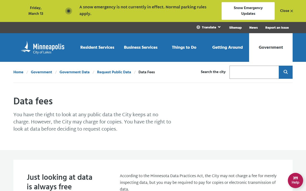 Minneapolis city data fees page showing copy costs and hourly rates for public records requests
