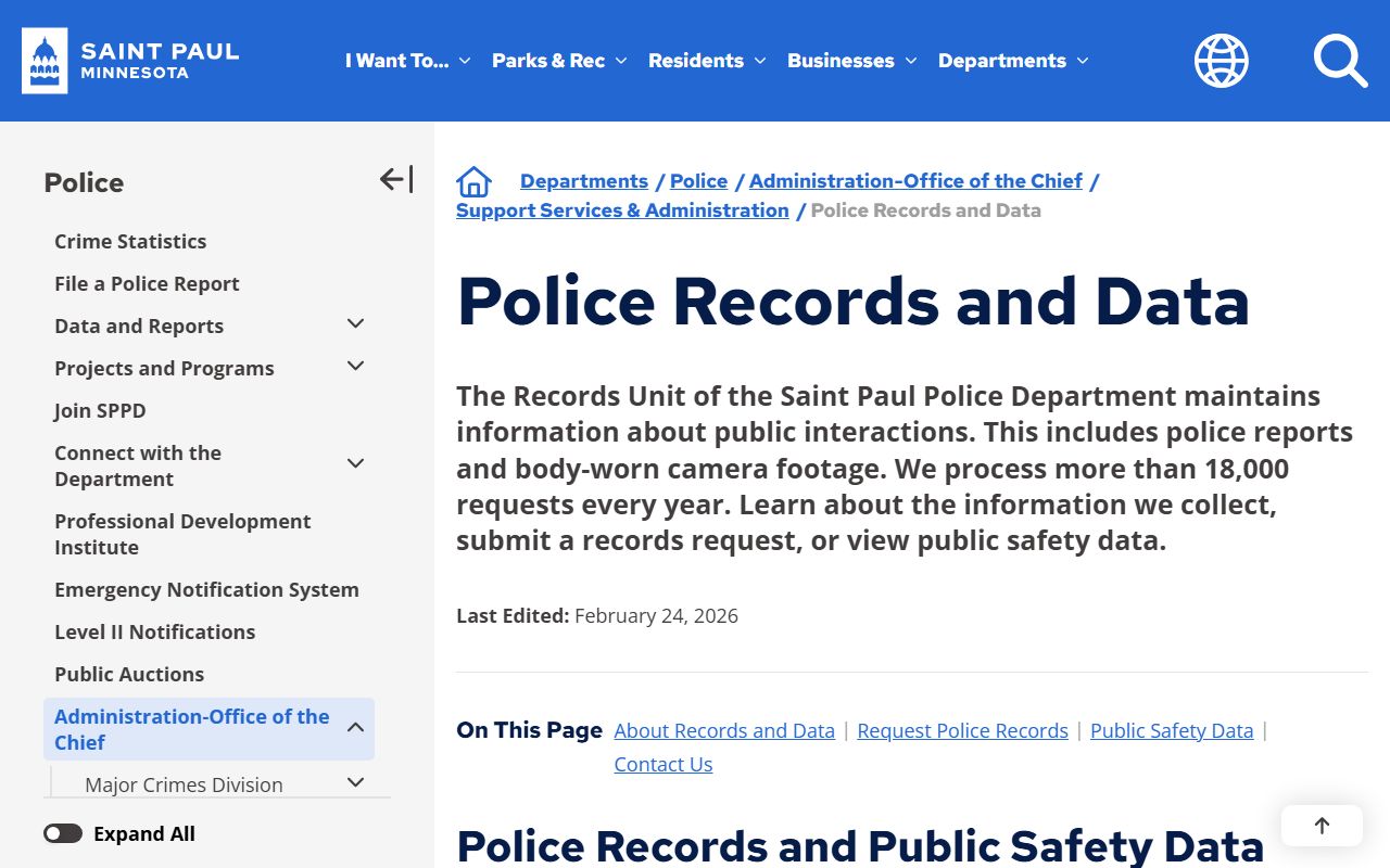 St. Paul Police Department Records Unit page with contact info and request instructions