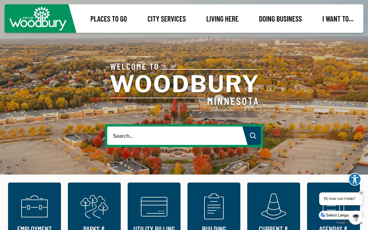 City of Woodbury Minnesota homepage with links to government services and public safety