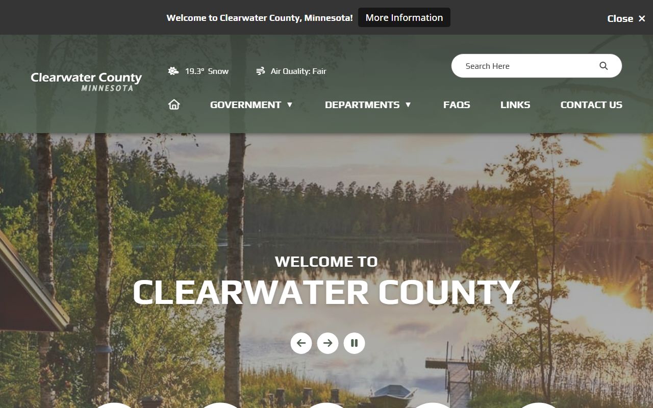 Clearwater County homepage showing county departments and police records access
