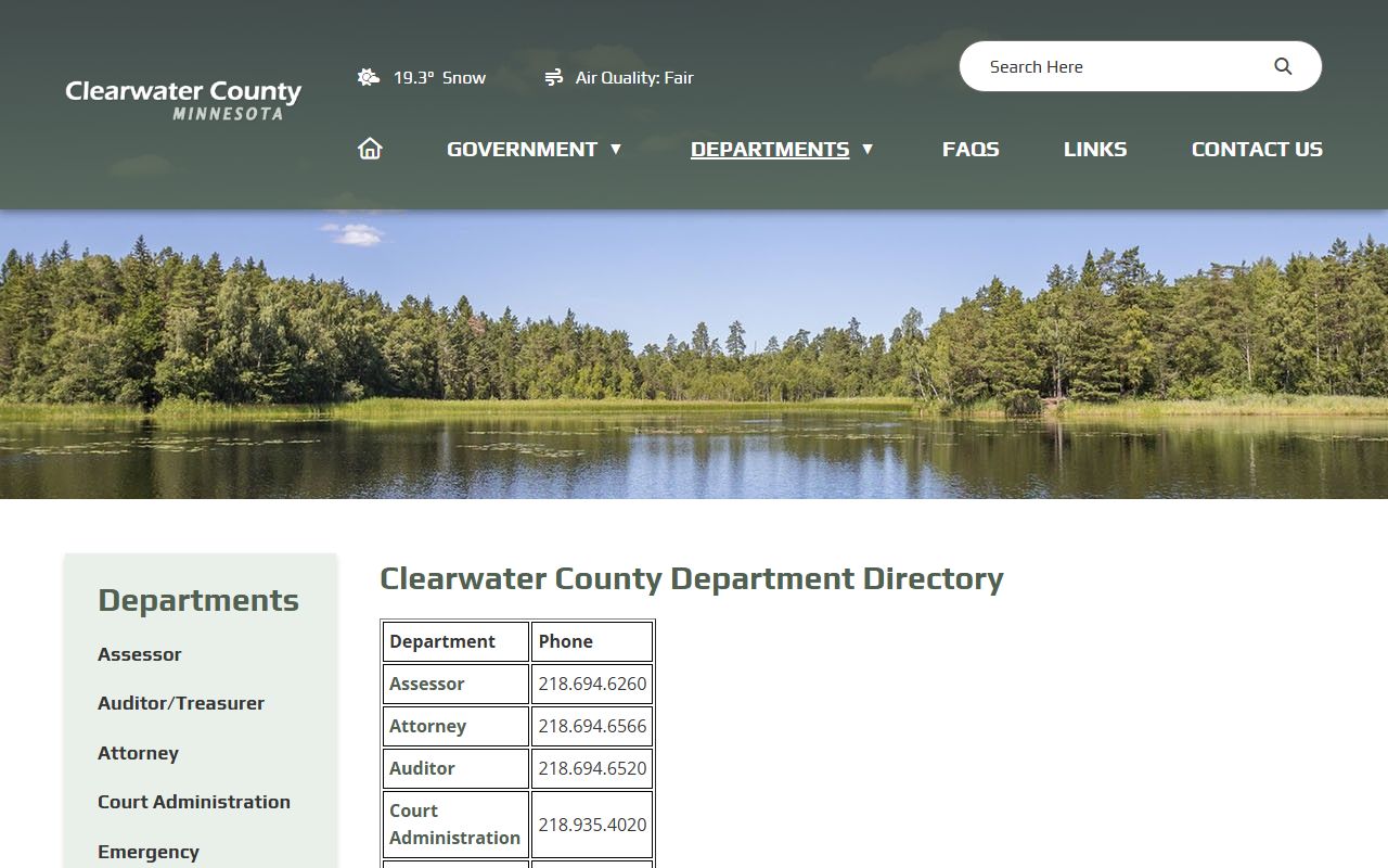 Clearwater County Sheriff's Office page showing law enforcement and police records information