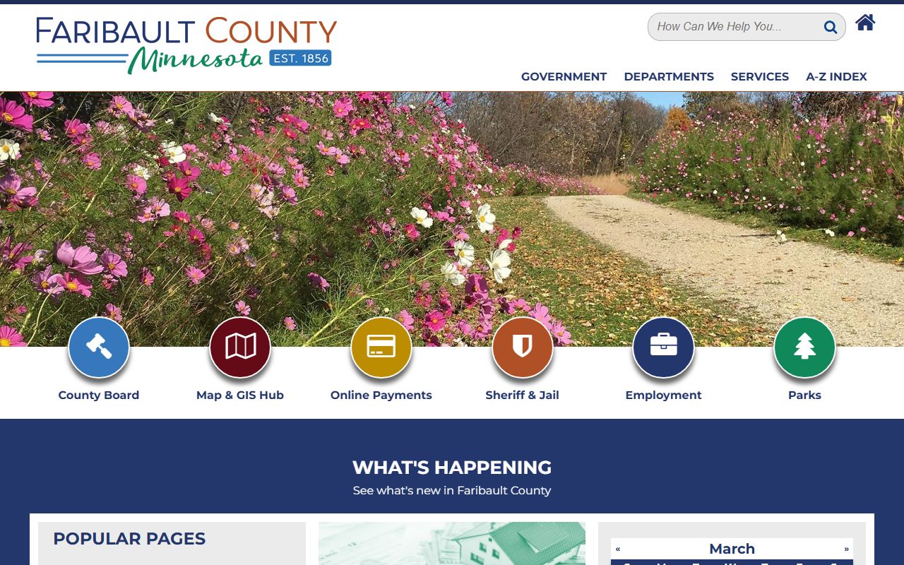Faribault County homepage showing county departments and contact information