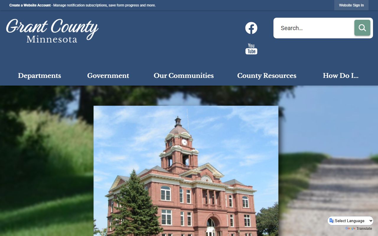 Grant County homepage showing county departments and contact information for police records
