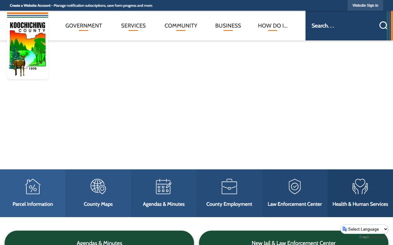 Koochiching County homepage showing police records access