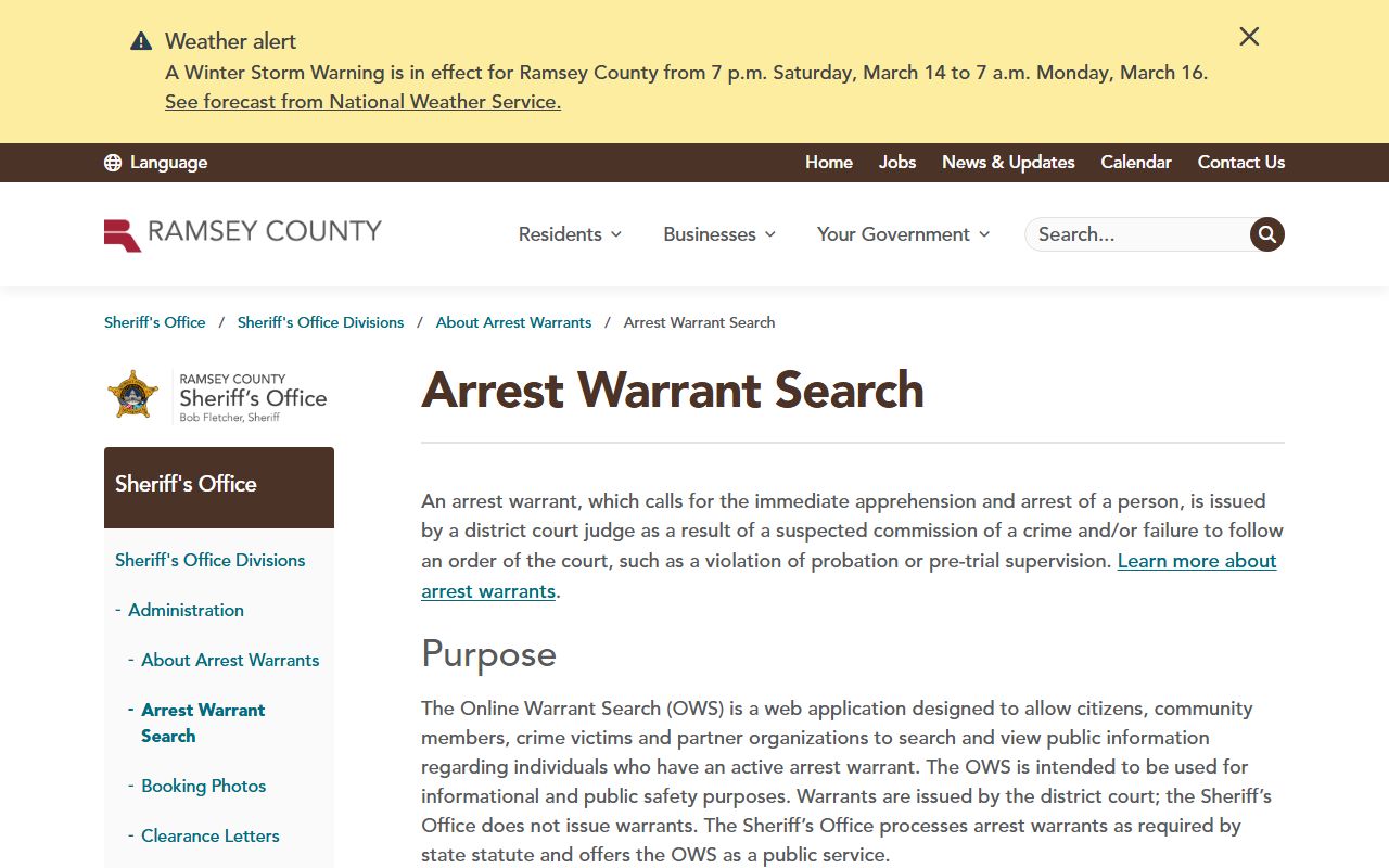 Ramsey County Sheriff arrest warrant search police records
