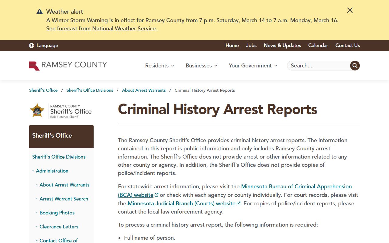 Ramsey County Sheriff criminal history arrest reports police records