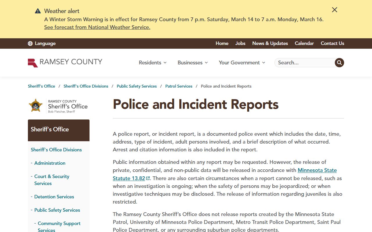 Ramsey County Sheriff police and incident reports police records
