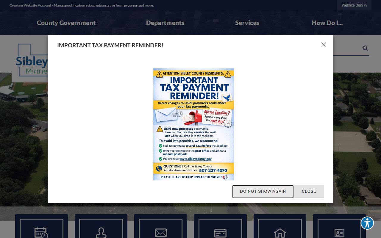 Sibley County website homepage with sheriff and records information