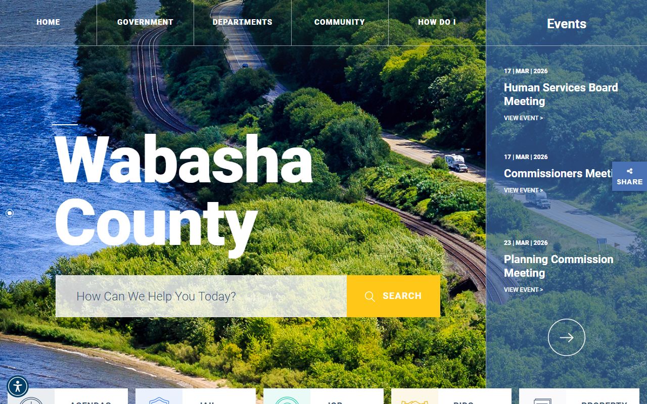 Wabasha County homepage showing Sheriff and county department links