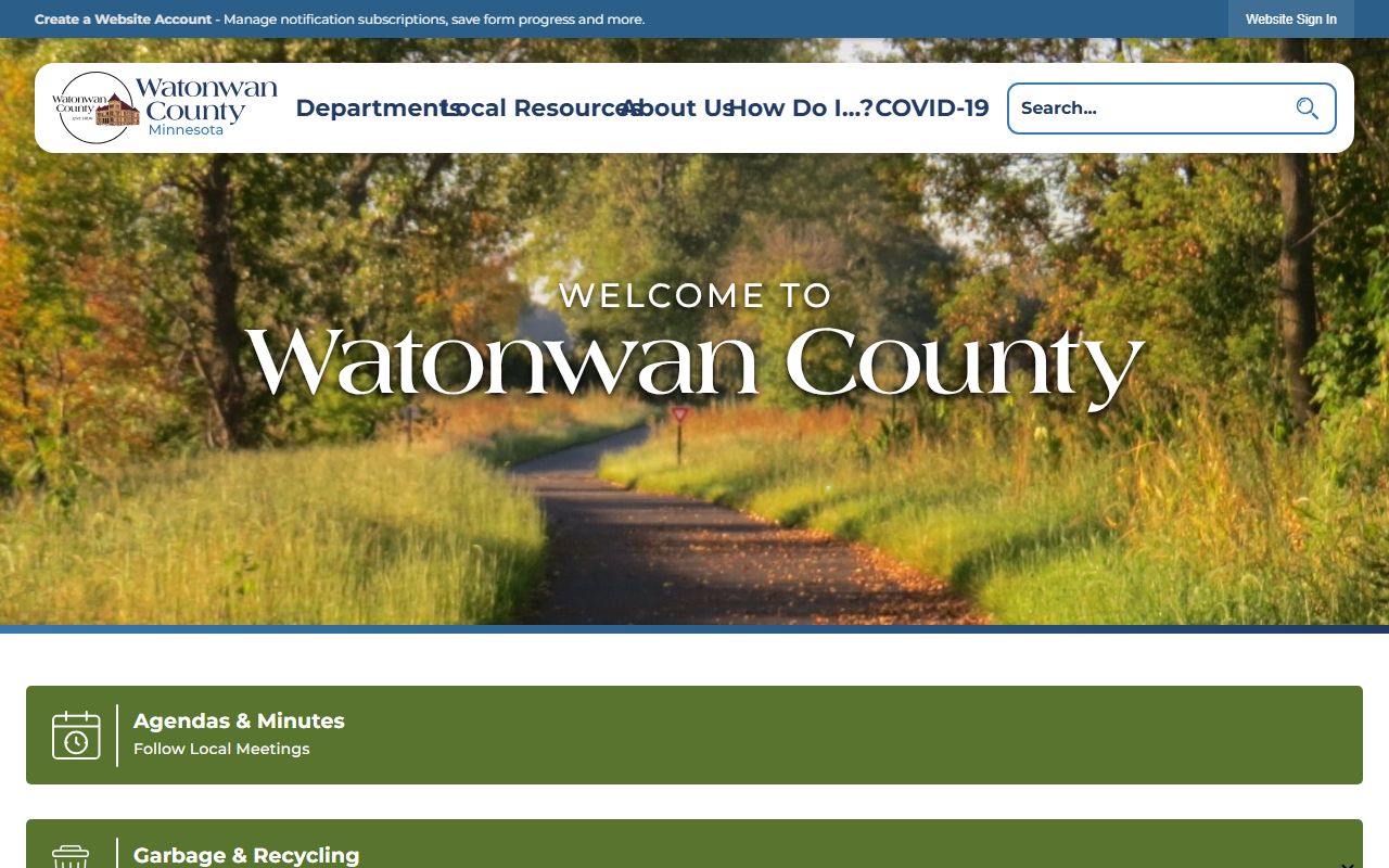Watonwan County homepage showing Sheriff's Office links and department contact information