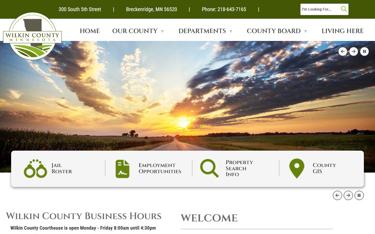 Wilkin County homepage showing county department links and contact information