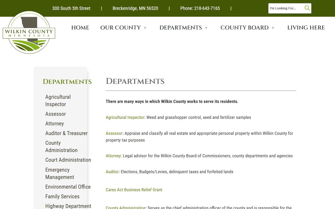 Wilkin County Sheriff's Office page with law enforcement contact details and services