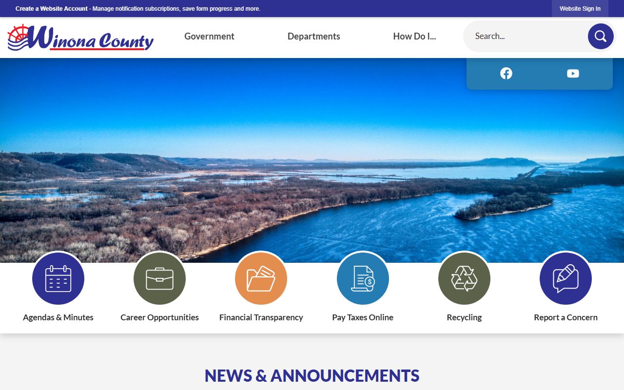 Winona County homepage showing Sheriff's Office and county department contact information