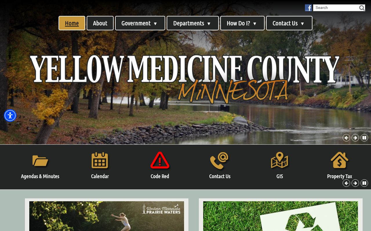Yellow Medicine County homepage showing Sheriff's Office and county department contact information