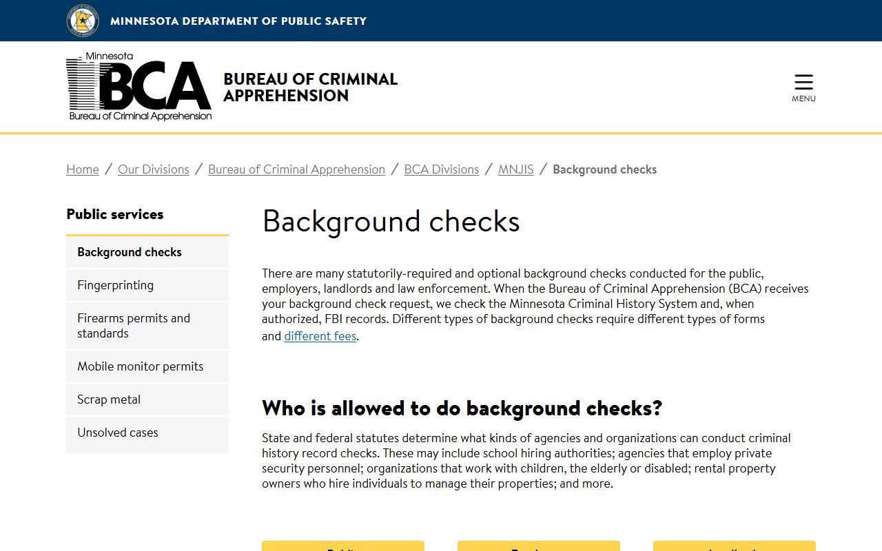 Minnesota BCA background checks page for police records and criminal history