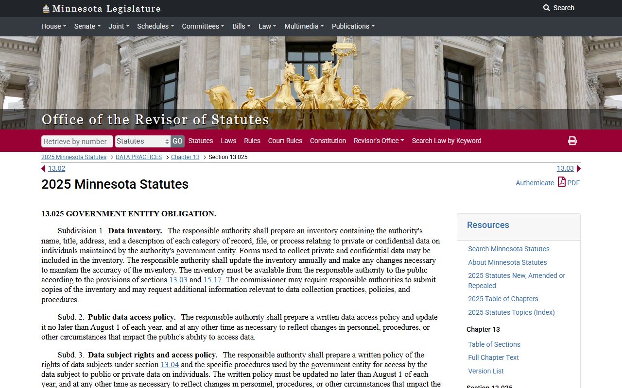Minnesota Statute 13.025 Government Data Practices Act police records framework