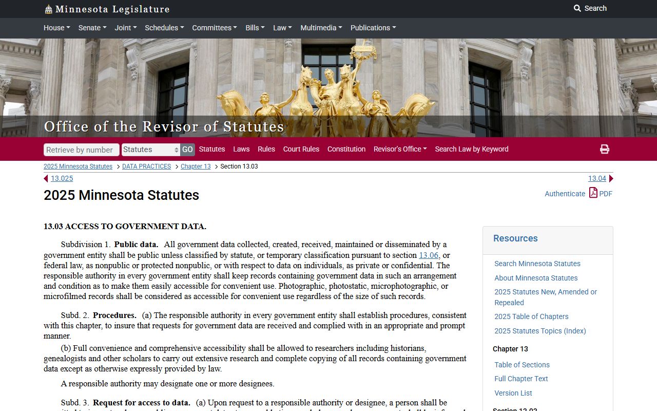 Minnesota Statute 13.03 access to government data police records