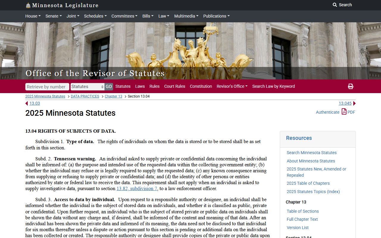 Minnesota Statute 13.04 rights of data subjects for police records access