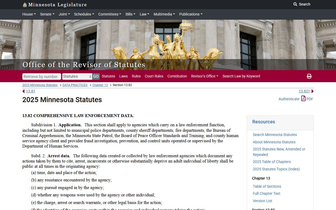 Minnesota Statute 13.82 law enforcement data governing police records