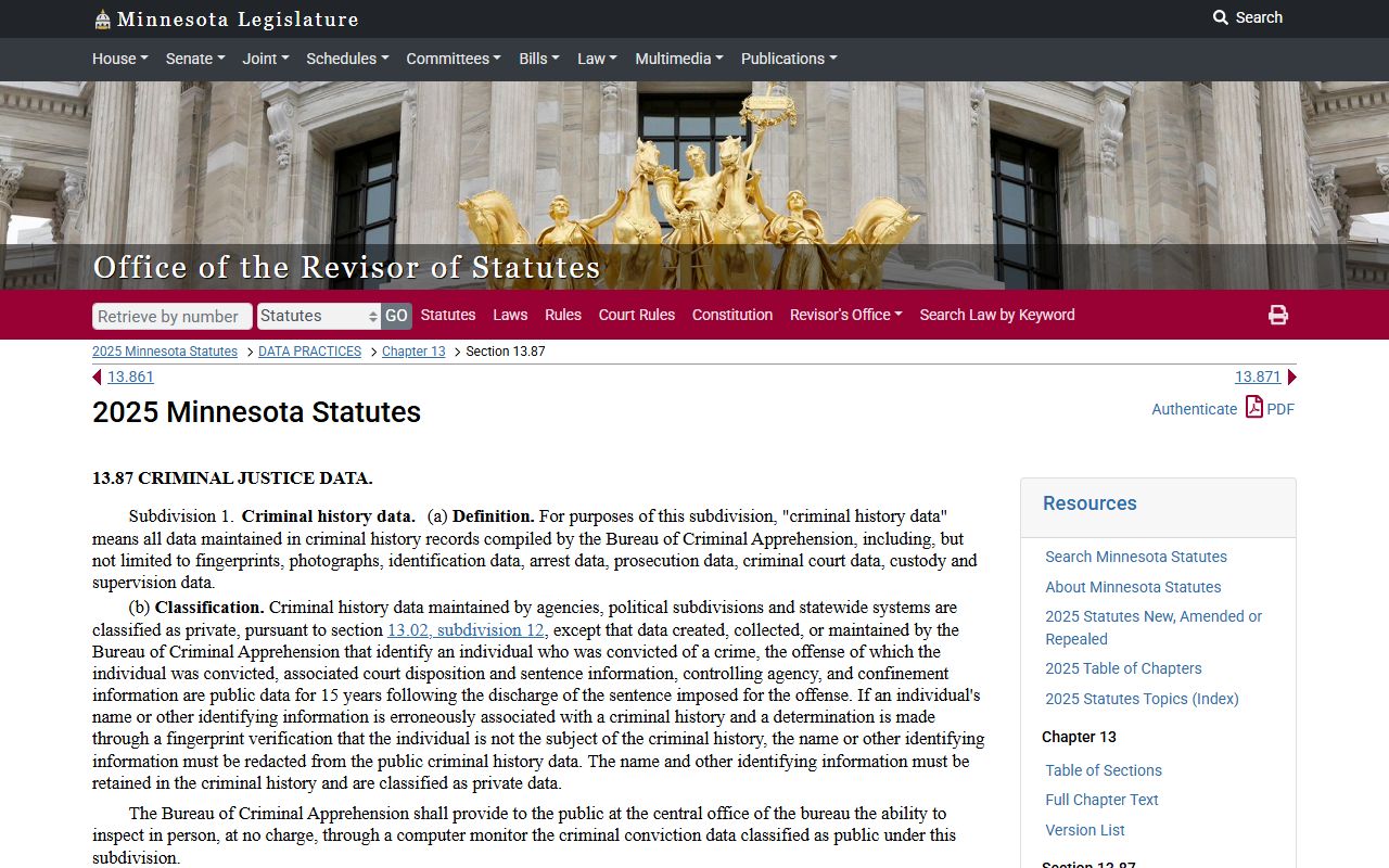 Minnesota Statute 13.87 criminal history data police records classification