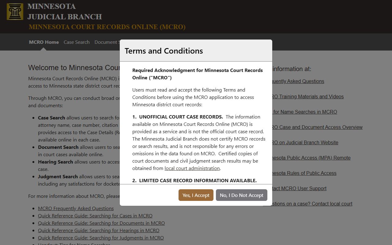 Minnesota Court Records Online MCRO search system for police records and court cases